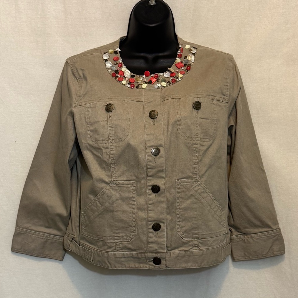 B-123 Hearts of Palm Cream Beaded Neckline‎ 1/2 Sleeve Denim Suit Jacket Size 8